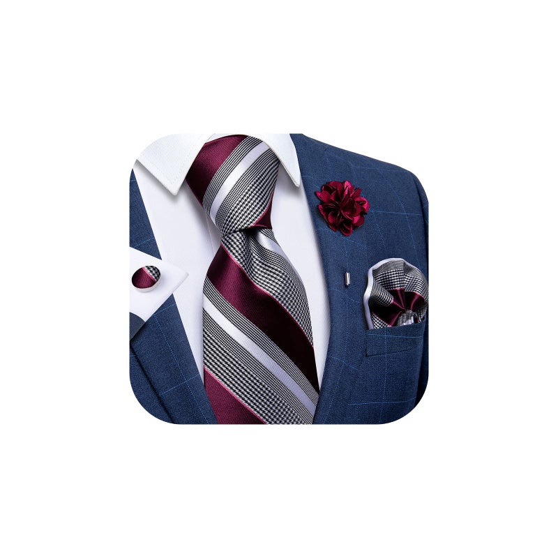 DiBanGu Silk Ties for Men Necktie and Lapel Pin Brooch Set Formal Woven Paisley Plaid Striped Solid Tie Wedding Party, Burgundy and Grey - Image 1
